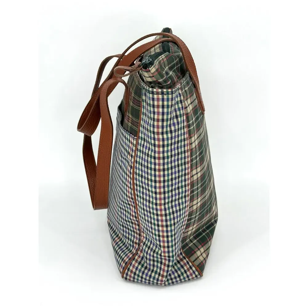 Vintage Fossil Canvas Tote Mixed Plaid Cognac Leather Trim Y2K Zip Top